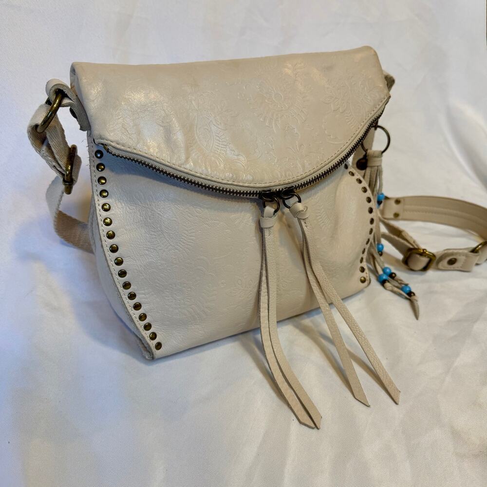The Sak Silverlake Off White Leather Embossed Floral Foldover Crossbody Purse - Picture 3 of 11